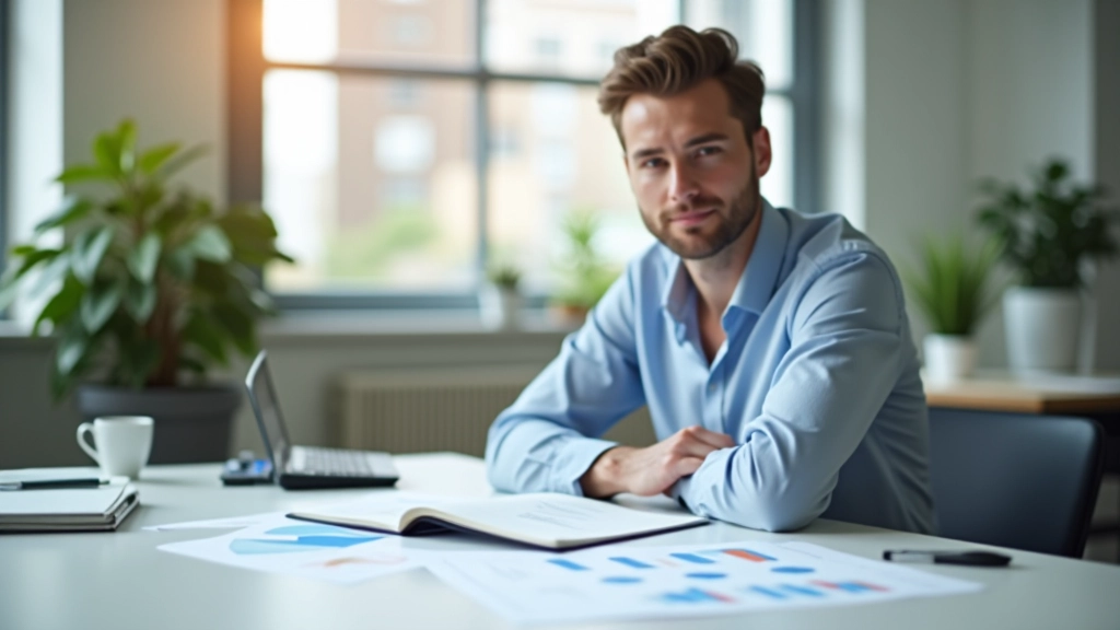 Finanzberater sitzt am Schreibtisch mit Grafiken und Berichten, modernes Büro mit natürlichem Licht, professionelle Atmosphäre
