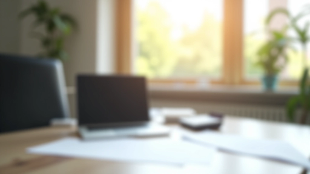 Modernes Finanzplanungsbüro mit Laptop und Finanzberichten auf Schreibtisch, natürliches Licht, scharfer Fokus