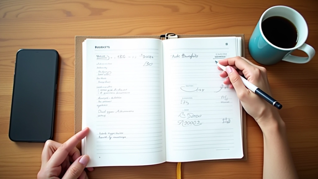 Notizbuch mit handschriftlichen Notizen auf Holztisch neben Kaffeetasse und Smartphone